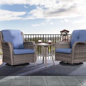 3-Piece Wicker Patio Conversation Set with Blue Cushions and Cover All-Weather Swivel Patio Chairs