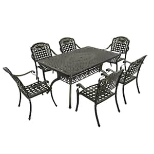 7-Piece Antique Bronze Cast Aluminum Outdoor Dining Set with 4 Dining Chair and 59 in. Rectangular Table