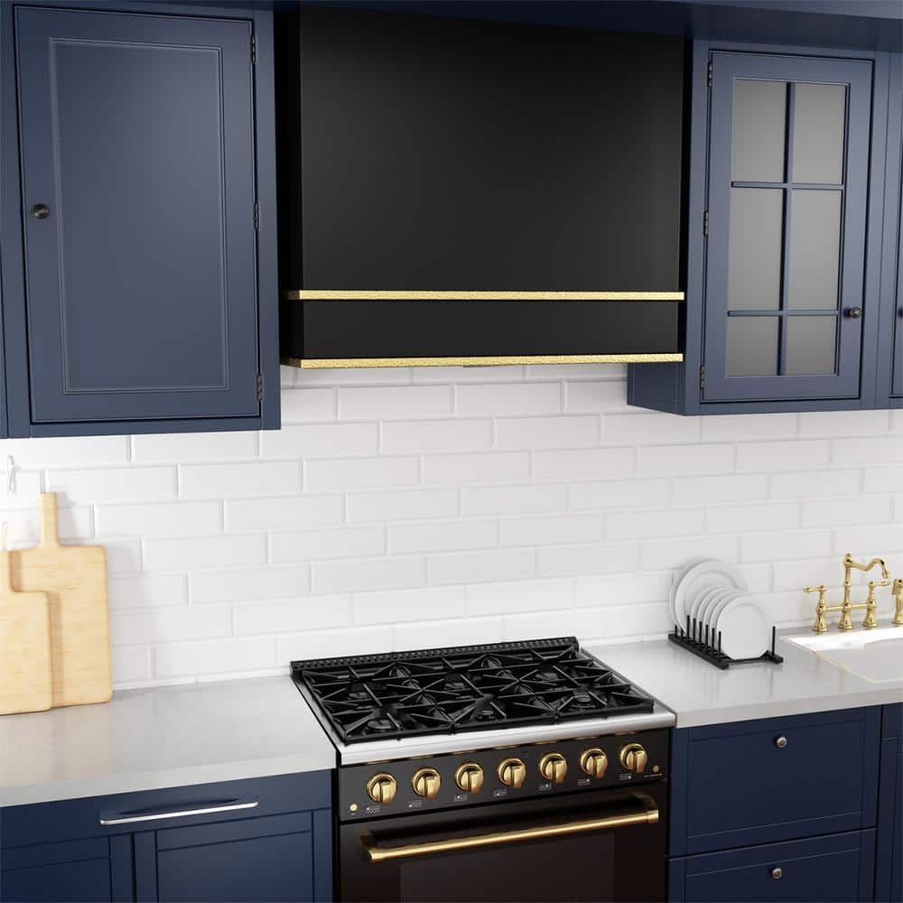 Akicon 36 Inch Black and Gold Stainless Steel Wall Mounted Range Hood