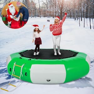 Water Trampoline 13 ft. Inflatable Water Bouncer with One 4-Step Ladder Lake Trampoline for Water Sports, Green