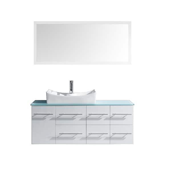 Virtu USA Ceanna 54 in. W Bath Vanity in White with Glass Vanity Top in Aqua with Square Basin and Mirror