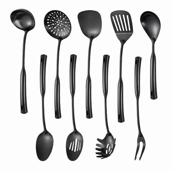 9-Piece Black Stainless Steel Kitchen Utensils Set with Cooking and Serving Tools, Dishwasher-Safe