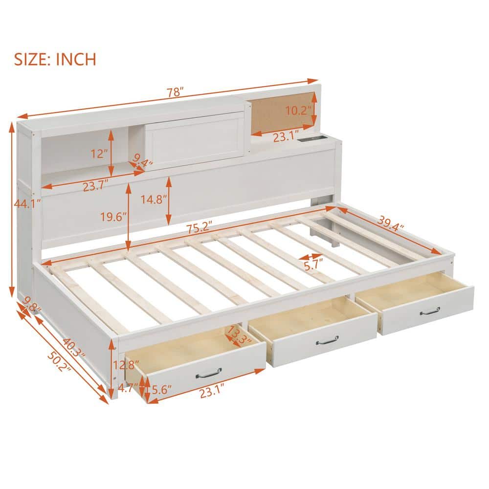 White Pine Wood Twin Daybed with Storage Drawers and Shelves