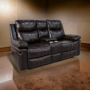 69 in. Pillow Top Arm Faux Leather Rectangle Loveseat Dual Recliners Sofa in Brown and Silver