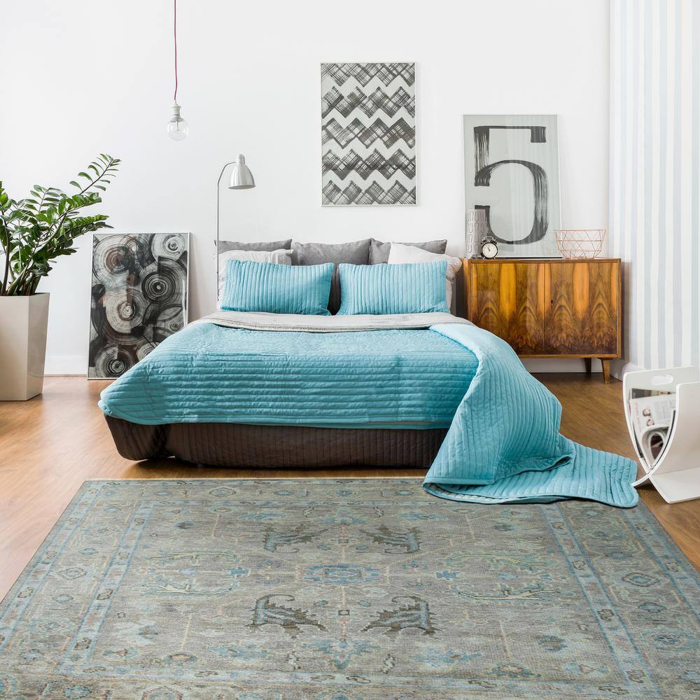 Gray and Blue Hand-Knotted Wool Square Rug