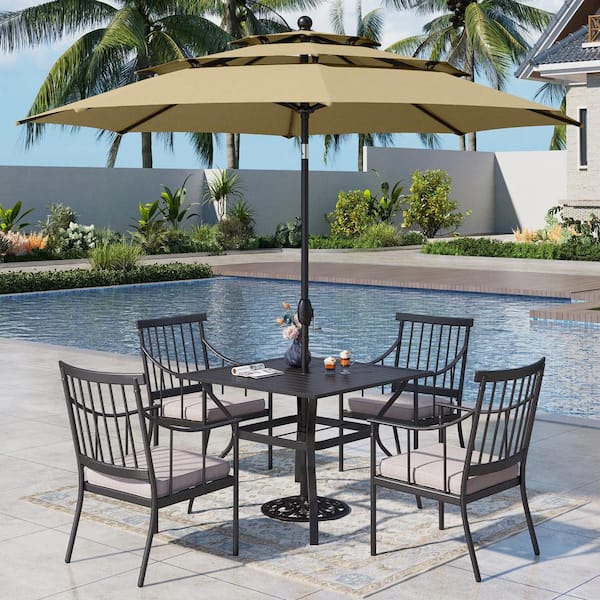 6-Piece Metal Patio Outdoor Dining Set with Beige Cushions and Umbrella