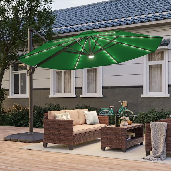 11 ft. Solar LED Round Aluminum Cantilever Outdoor Patio Umbrellas with Base Stand in Kelly Green