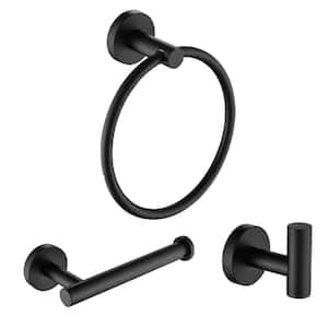 3-Piece Bath Hardware Set with Towel Hook and Toilet Paper Holder and Towel Ring in Stainless Steel Matte Black