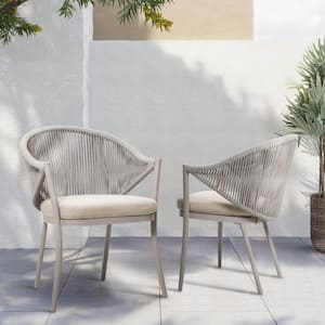 Stationary Aluminum Woven Rope Outdoor Dining Chair with Beige Cushions (2-Pack)
