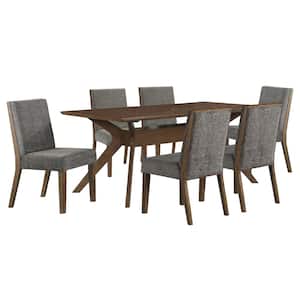 Quinn 7-Piece Brown Oak Wood Dining Set with 6 Gray Upholstered Chairs
