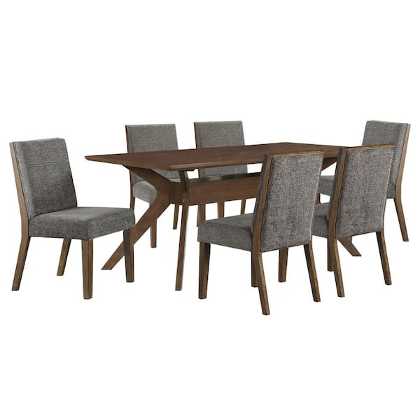 Steve Silver Quinn 7-Piece Brown Oak Wood Dining Set with 6 Gray Upholstered Chairs