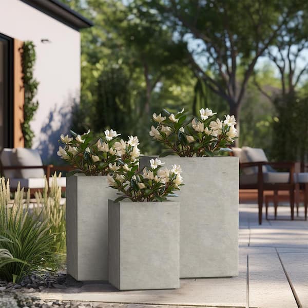 13 in., 16 in., 19 in. H Medium and Large Light Gray Concrete Square Planters with Drainage Holes (3-Pack)