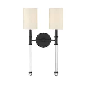 Fremont 13 in. W x 21 in. H 2-Light Matte Black Wall Sconce with Soft White Fabric Shades and Glass Accents