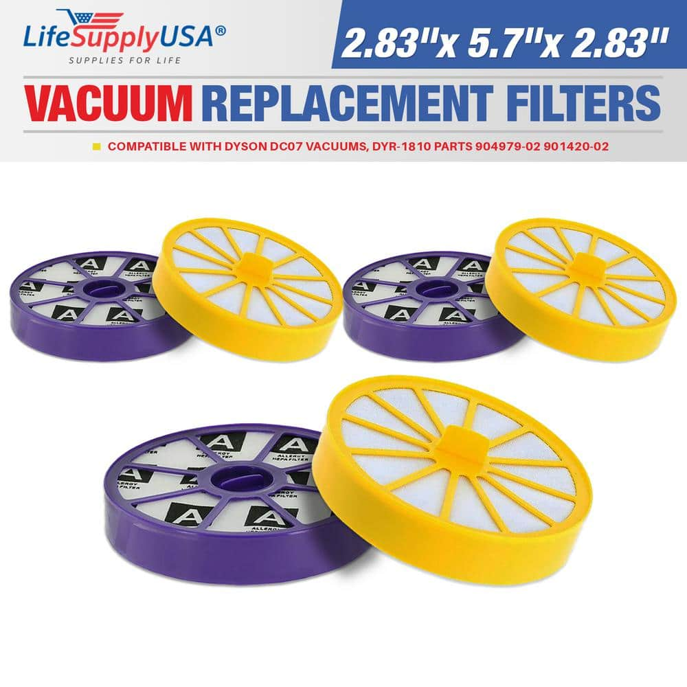 3 Replacement Pre and Post Motor HEPA Filter Sets with Rubber Seals for Dyson DC07 Vacuums -  LifeSupplyUSA, 3ER126