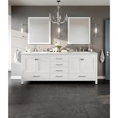 Aberdeen 84 in. Double Sink White Bath Vanity with White Carrara Quartz Top (Assembled)