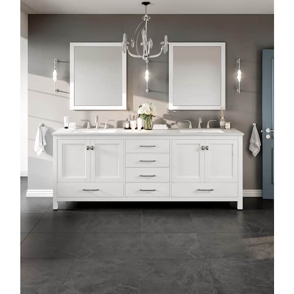 Eviva Aberdeen 84 in. W x 22 in. D x 34 in. H Double Bath Vanity in White with White Carrara Quartz Top with White Sink