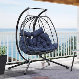 Hanging Egg Swing Chair with Stand 2-Person Wicker Chair Indoor Outdoor Hammock Egg Chair with Cushions, Navy Blue