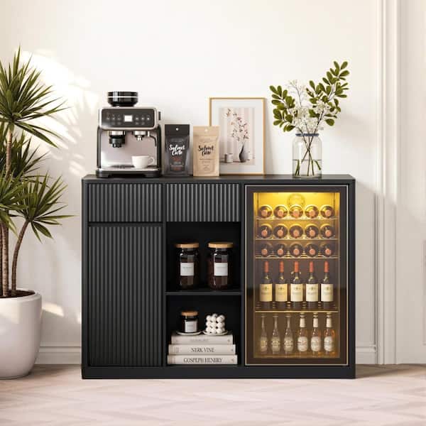 51" Fluted Bar Cabinet with Fridge Space (Fridge Not Included)  Charging Hub & Wine Glass Rack Buffet Sideboard, Black