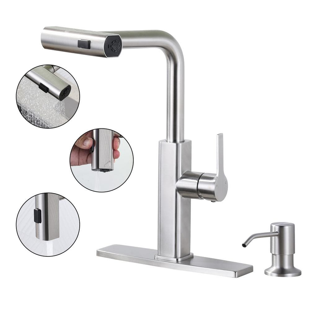 Brushed Nickel Stainless Steel Pull Down Kitchen Faucet with 3-Mode Sprayer