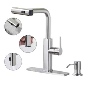 Single Handle Stainless Steel 3-Mode Waterfall Pull Down Sprayer Kitchen Faucet with Soap Dispenser in Brushed Nickel