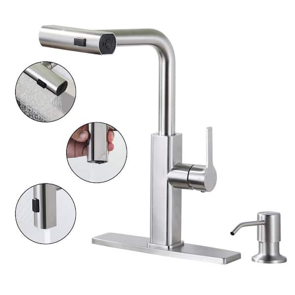 AVITAS Single Handle Stainless Steel 3-Mode Waterfall Pull Down Sprayer Kitchen Faucet with Soap Dispenser in Brushed Nickel