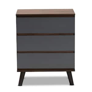 Roldan 3-Drawer Grey and Walnut Brown and Black Chest of Drawers 29.9 in. H x 23.6 in. W x 15.7 in. D
