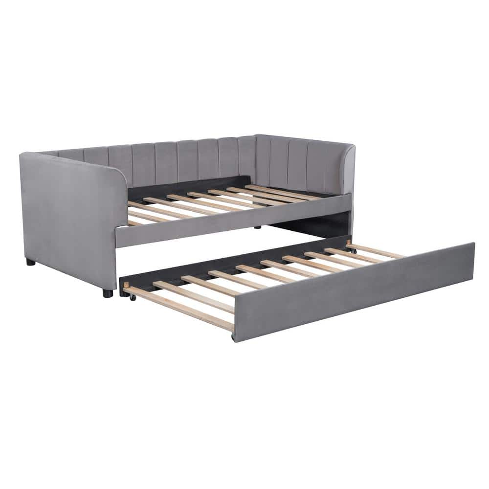 Gray Velvet Upholstered Twin Daybed with Trundle and Wood Frame