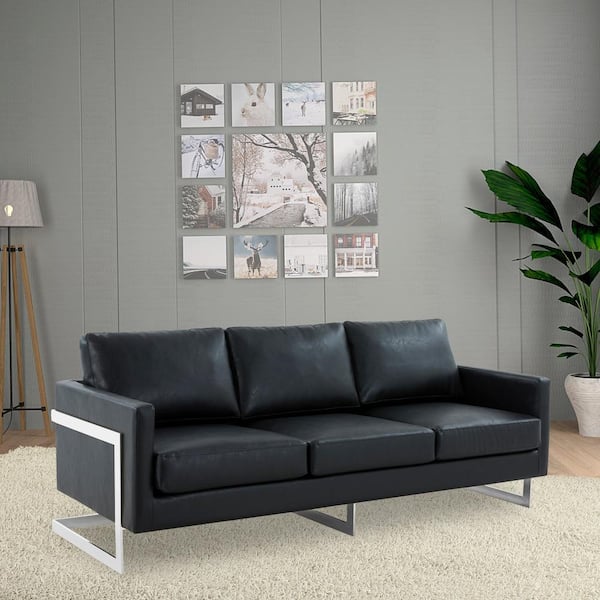 Leisuremod Lincoln 84 in. Square Arm 3-Seater Leather Square Sofa in Black