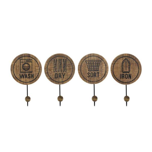 HomeRoots Victoria Brown Laundry Metal Hooks With Label Wall Decor