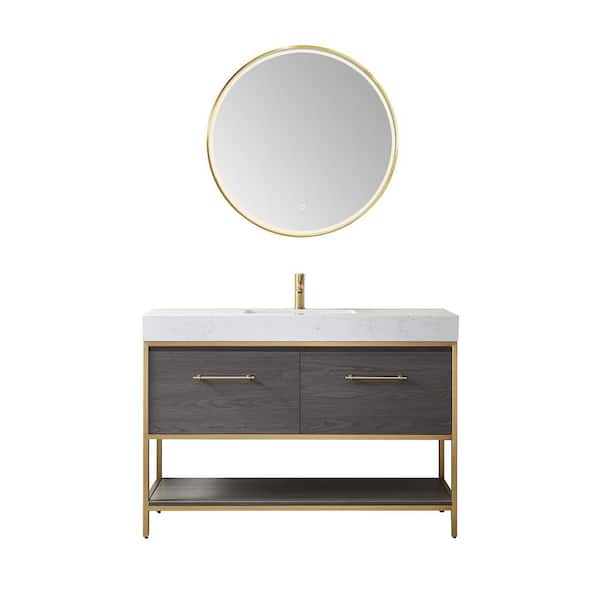 ROSWELL Palma 48 in. W x 22 in. D x 33.9 in. H Bath Vanity in Suleiman Oak with White Composite Grain Stone Top and Mirror