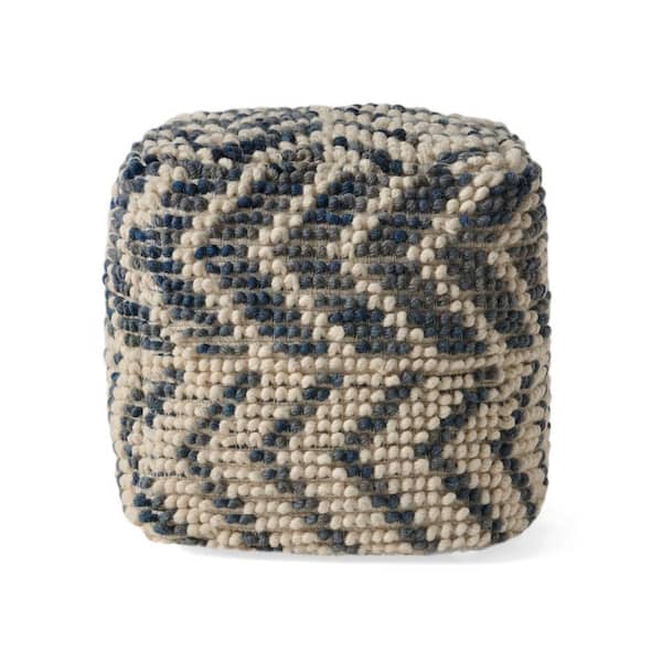 Noble House Freesia White and Blue Cube Ottoman Pouf