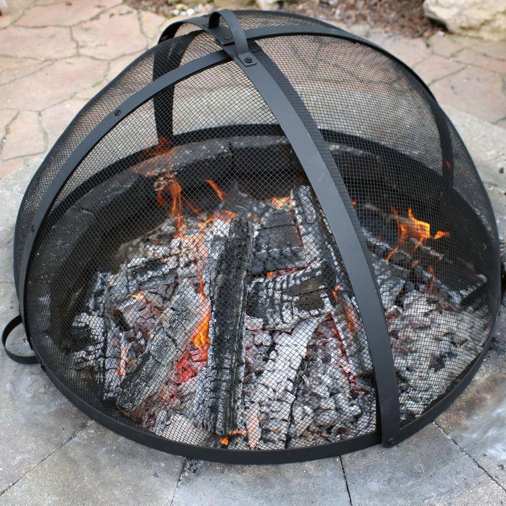36" Black Steel Mesh Fire Pit Spark Screen with Hinged Door