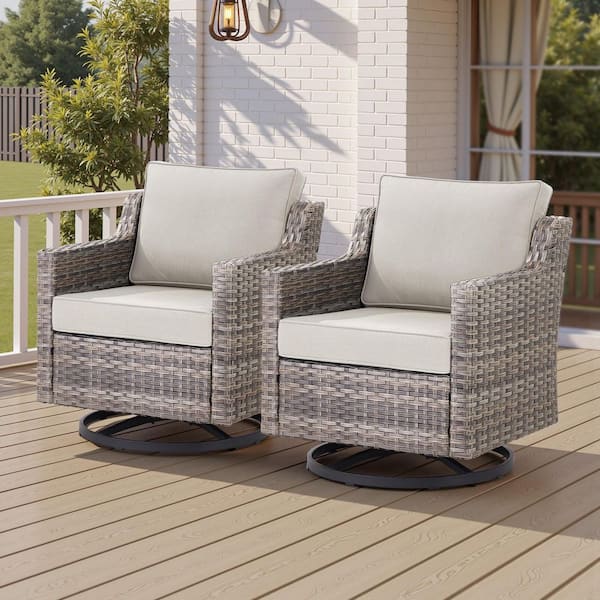 Hort Gray Patio Swivel Wicker Outdoor Rocking Chair Lounge Chairs with Beige Cushions and Glide Function (2-Pack)