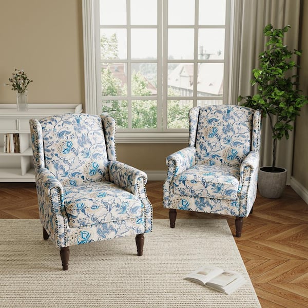 Uixe Boho Blue Linen Upholstered High Back Accent Arm Chair with Nailhead Trim(Set of 2)