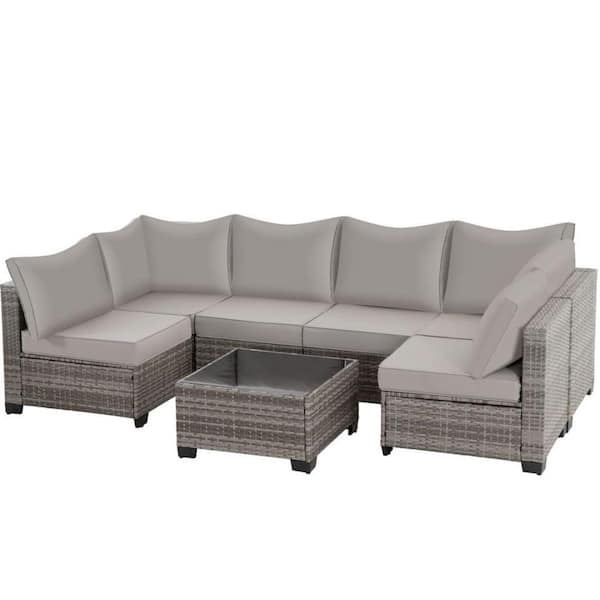 MIRAFIT Gray 7-Piece Wicker Patio Outdoor Sectional Furniture Set with Gray Cushions