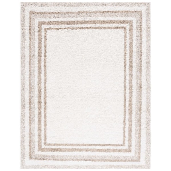 SAFAVIEH Border and Stripe Shag 8 ft. x 10 ft. Ivory/Beige Concentric Border Area Rug