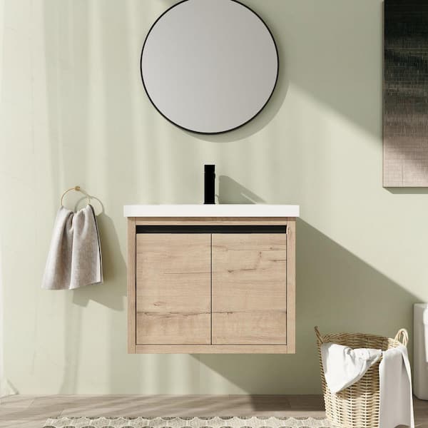 24 in. Wall-Mounted Single Oak Bath Vanity with White Resin Vanity Top Unassembled