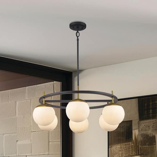24.25 in. 6-Light Black and Gold Hanging Pendant Light Fixture with Frosted Glass Globe Shades