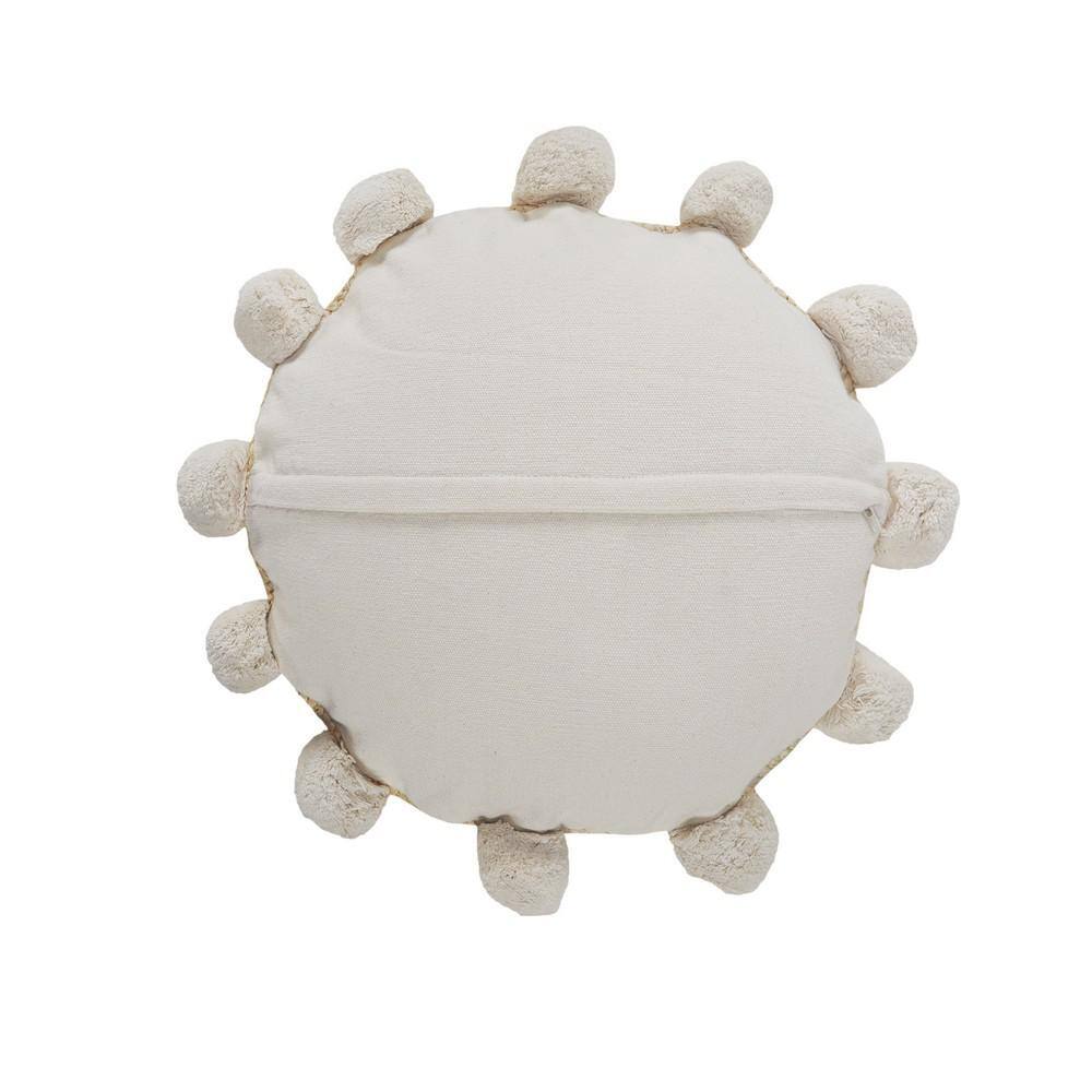 Round Natural Jute Throw Pillow with Pom Pom Border