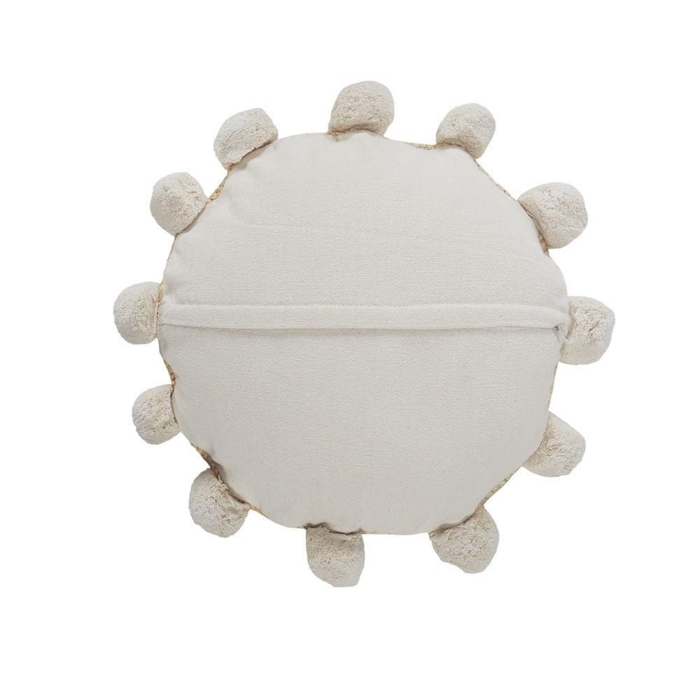 Round Natural Jute Throw Pillow with Pom Pom Border