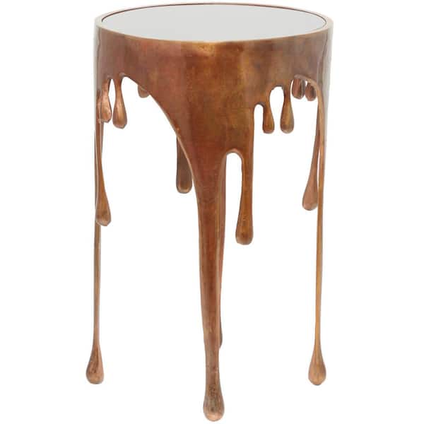 Litton Lane 36 in. x 33 in. Copper Half Moon Aluminum Drip Console Table with Melting Designed Legs and Shaded Glass Top, Brown