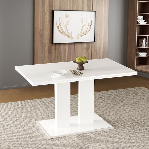 GOJANE 59 in. Rectangle Modern White Dining Table with Column (Seats 6)