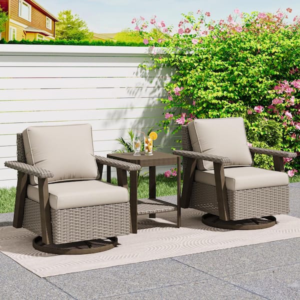3-Piece Wicker Patio Swivel Rocking Chair Conversation Set with Beige Cushions