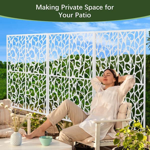 72 in. White Iron Privacy Screen, Freestanding Bird Design for Patio Balcony Garden Room Divider Indoor Outdoor