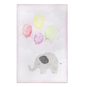 Nursery Soft Pink 4 ft. x 6 ft. Elephant Bright Non-Slip Area Rug