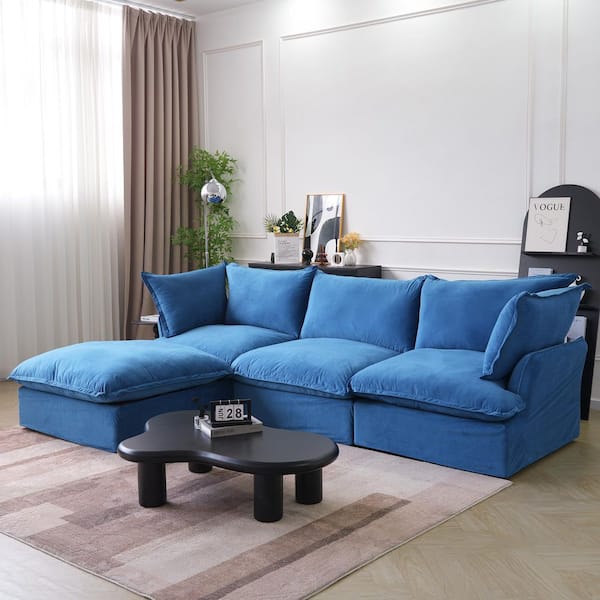 J&E Home 122.5 in. Flared Arm 4-piece Velvet L Shaped Modular Free Combination Sectional Sofa with Reversible Blue