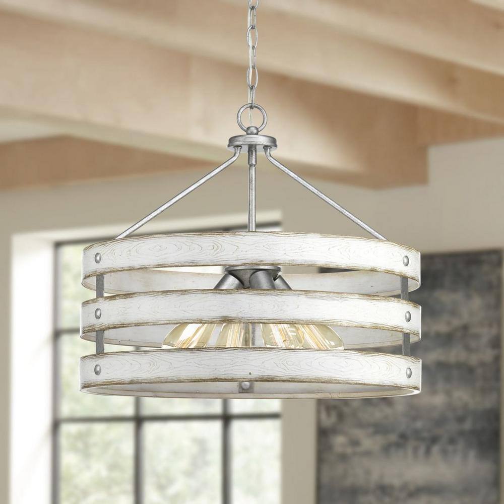 Gray and Whitewashed Faux Wood Drum Pendant Light
