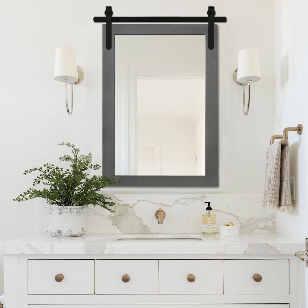 22 in. W x 30 in. H Medium Rectangle Mirror Wood Framed Wall Mirror Bathroom Mirror Vanity Mirror in Gray