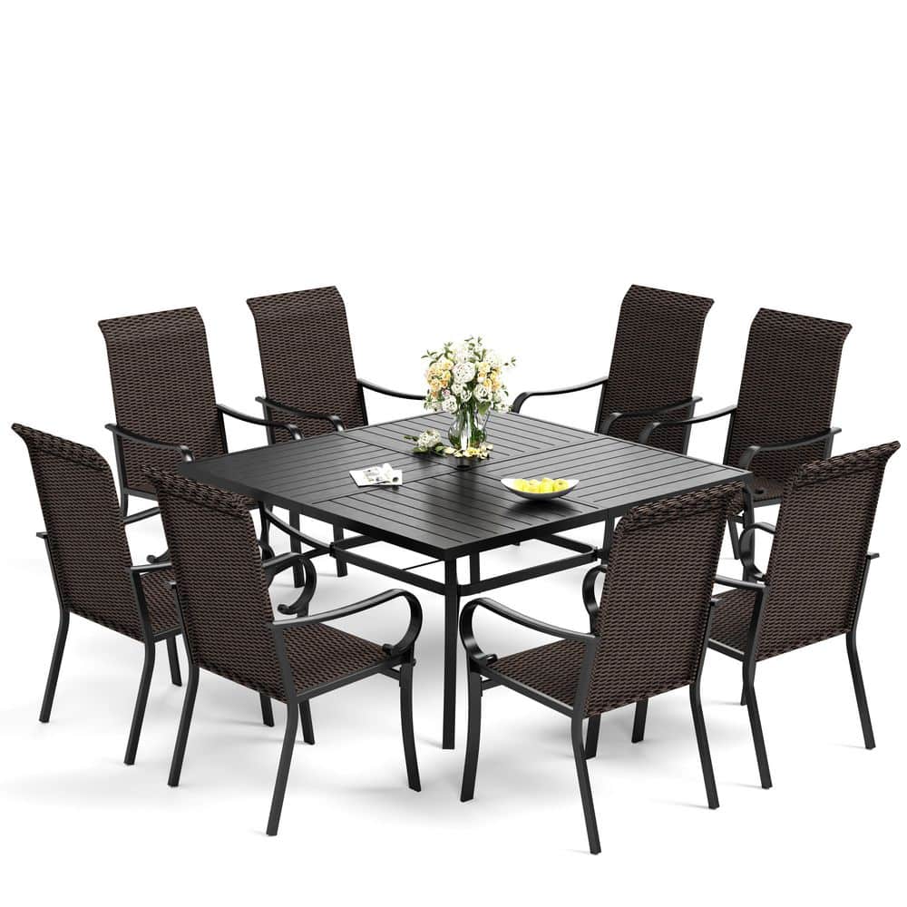 PHI VILLA 9Piece Metal Outdoor Dining Set with Square Table and Curved Armrest HighBack Rattan