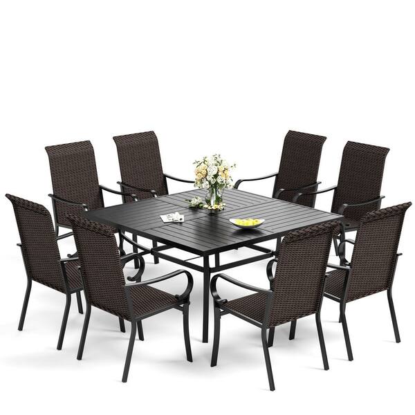 PHI VILLA 9-Piece Metal Outdoor Dining Set with Square Table and Curved ...